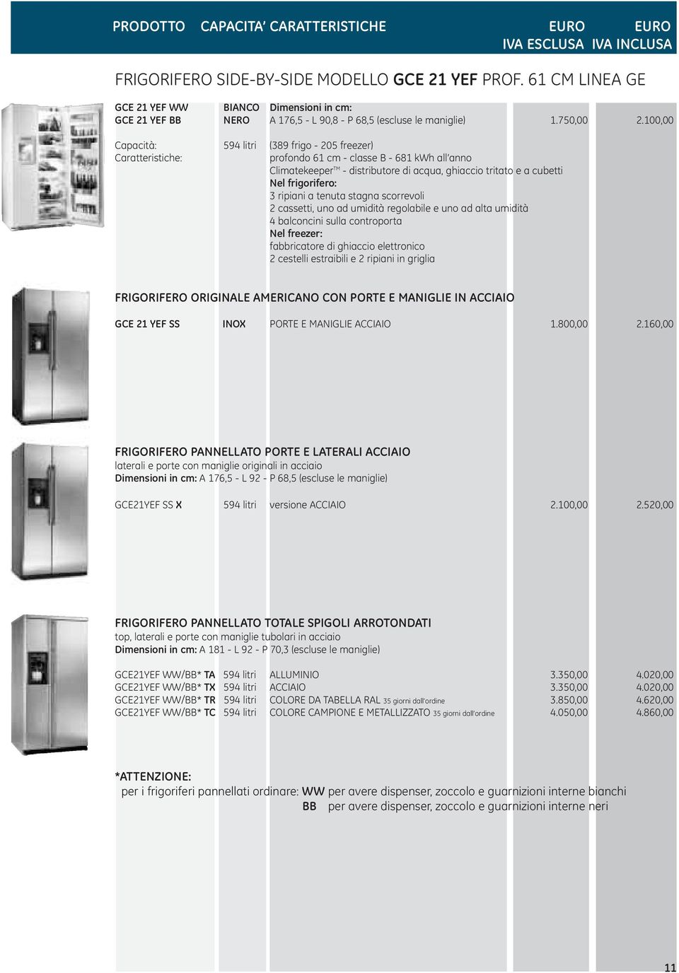 100,00 Capacità: 594 litri (389 frigo - 205 freezer) profondo 61 cm - classe B - 681 kwh all anno Climatekeeper TM - distributore di acqua, ghiaccio tritato e a cubetti 3 ripiani a tenuta stagna