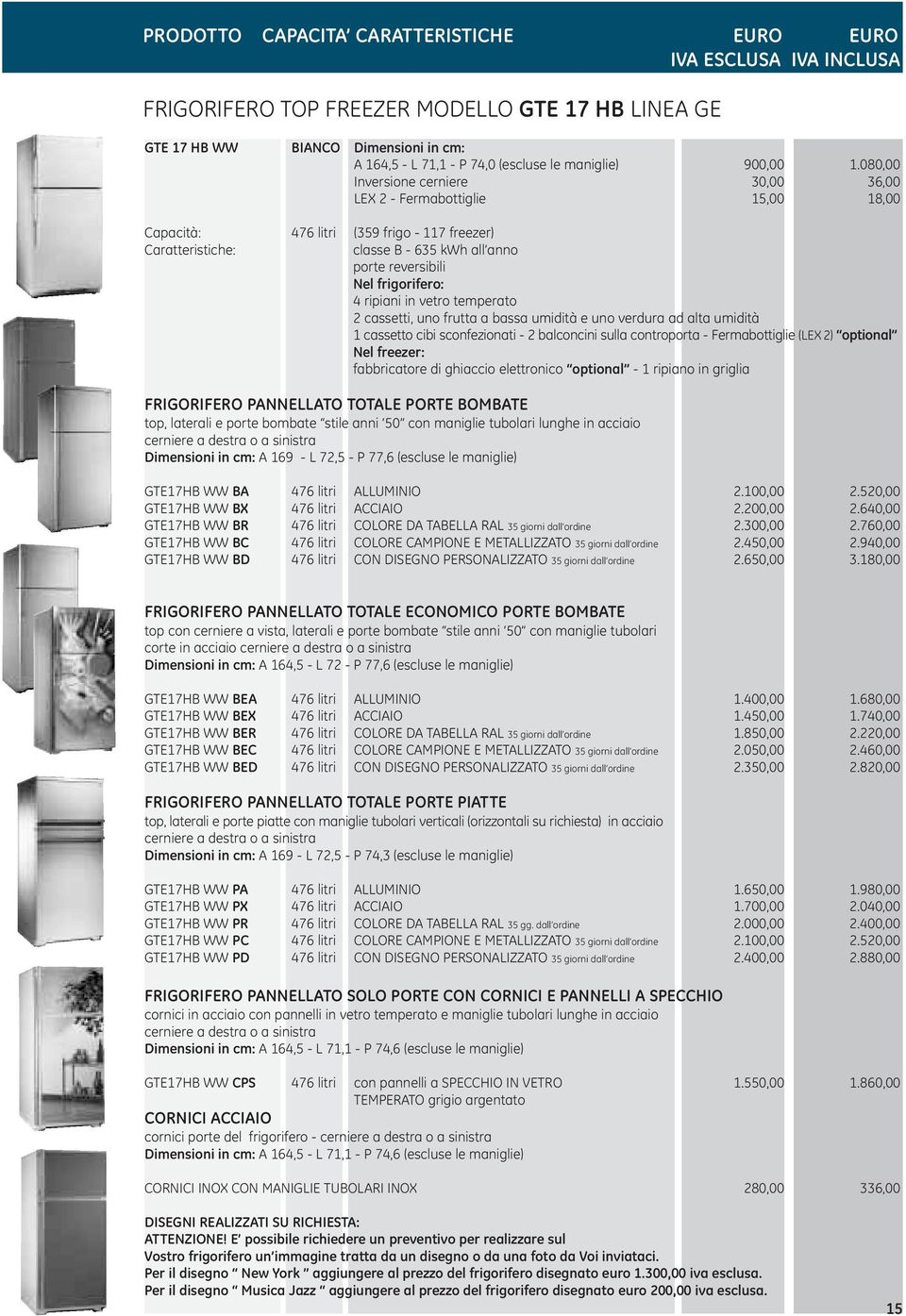 080,00 Inversione cerniere 30,00 36,00 LEX 2 - Fermabottiglie 15,00 18,00 Capacità: 476 litri (359 frigo - 117 freezer) classe B - 635 kwh all anno porte reversibili 4 ripiani in vetro temperato 2