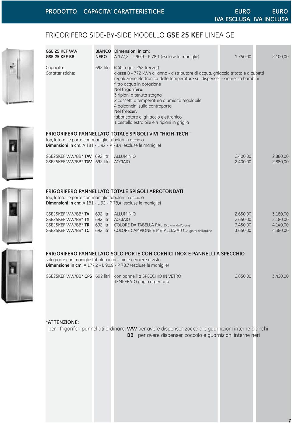 100,00 Capacità: 692 litri (440 frigo - 252 freezer) classe B - 772 kwh all anno - distributore di acqua, ghiaccio tritato e a cubetti regolazione elettronica delle temperature sul dispenser -