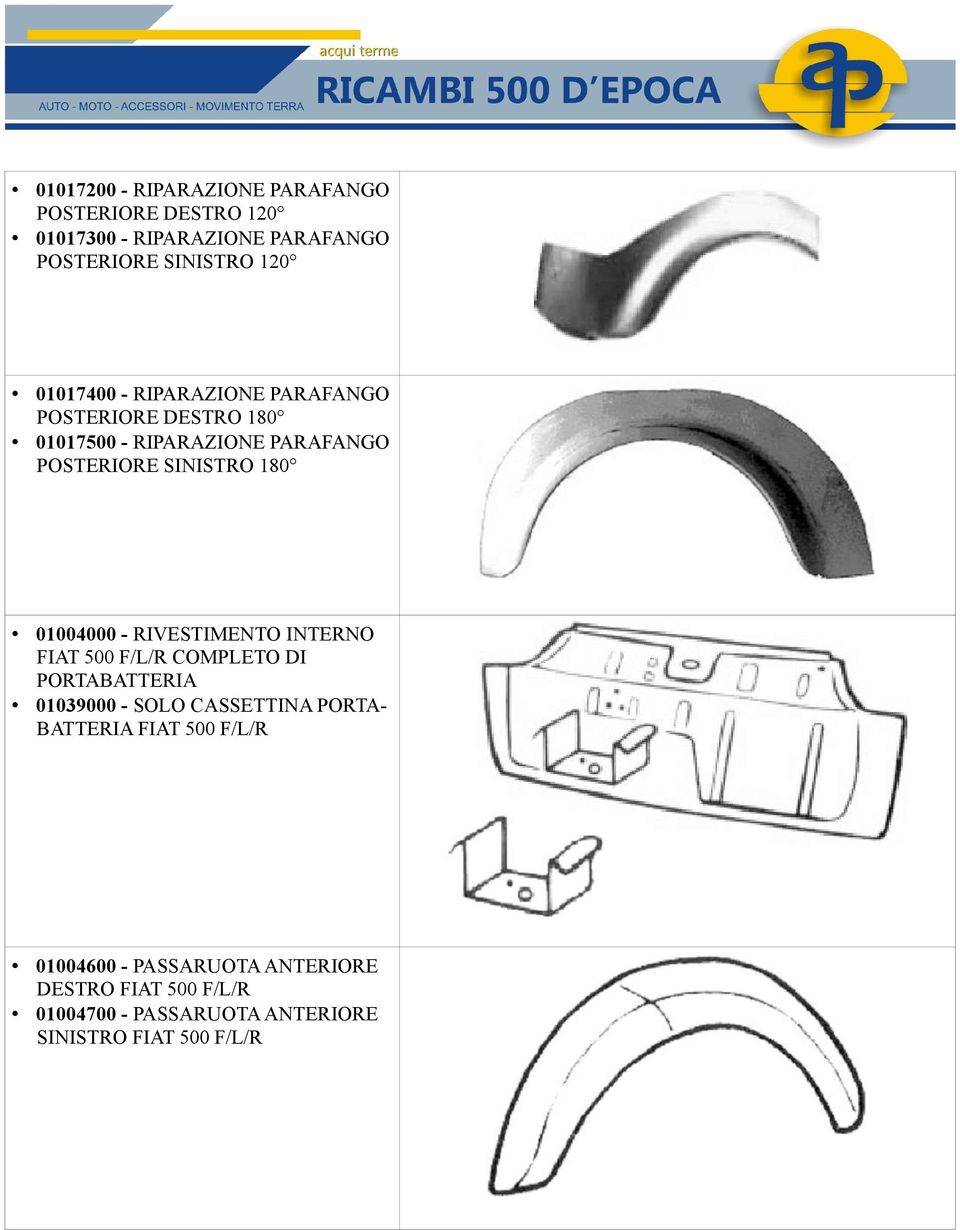 01004000 - RIVESTIMENTO INTERNO FIAT 500 F/L/R COMPLETO DI PORTABATTERIA 01039000 - SOLO CASSETTINA PORTA- BATTERIA