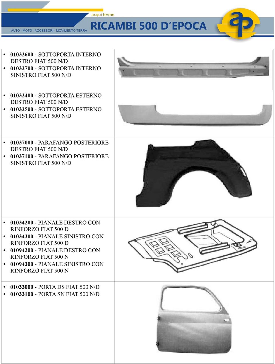 SINISTRO FIAT 500 N/D 01034200 - PIANALE DESTRO CON RINFORZO FIAT 500 D 01034300 - PIANALE SINISTRO CON RINFORZO FIAT 500 D 01094200 - PIANALE