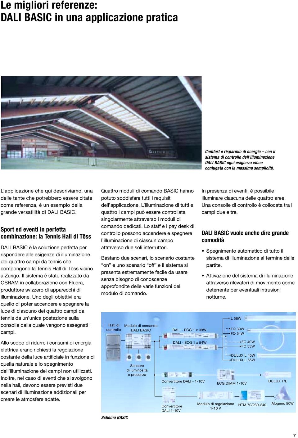 Sport ed eventi in perfetta combinazione: la Tennis Hall di Töss DALI BASIC è la soluzione perfetta per rispondere alle esigenze di illuminazione dei quattro campi da tennis che compongono la Tennis