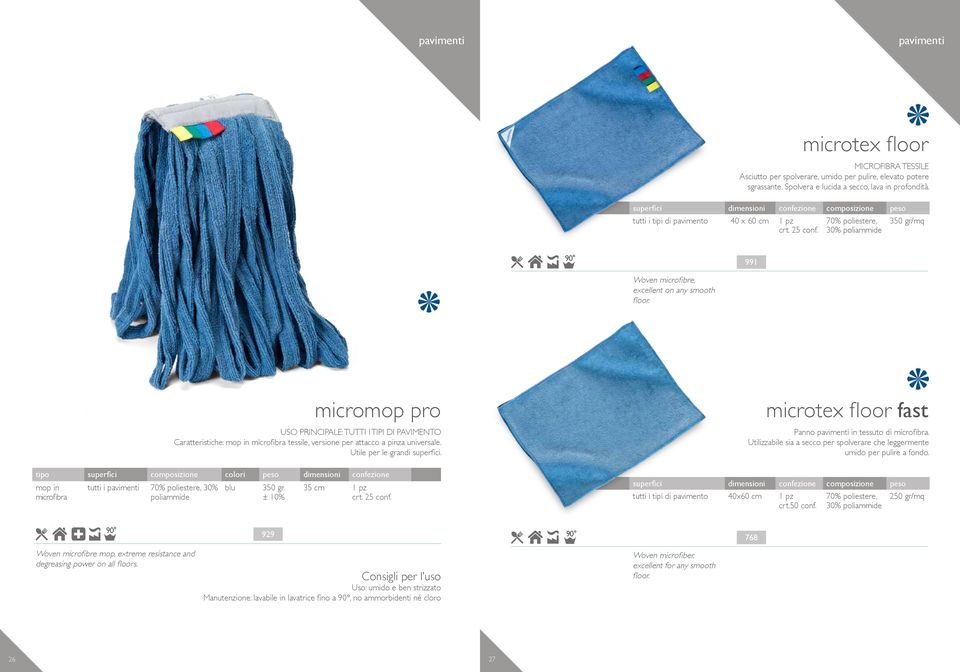 micromop pro USO PRINCIPALE: TUTTI I TIPI DI PAVIMENTO Caratteristiche: mop in microfibra tessile, versione per attacco a pinza universale. Utile per le grandi superfici.