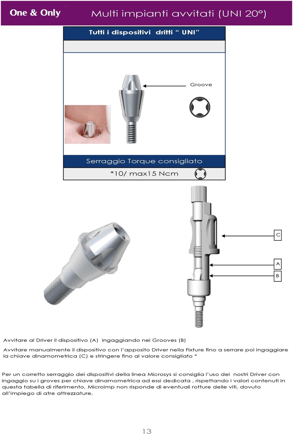 consigliato * Per un corretto serraggio dei dispositivi della linea Microsys si consiglia l uso dei nostri Driver con ingaggio su i groves per chiave dinamometrica ad essi