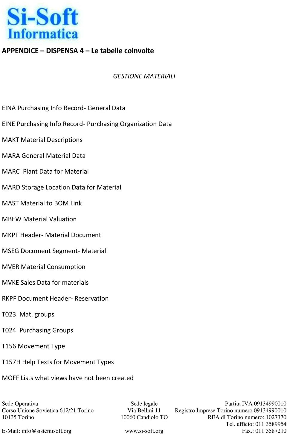 MBEW Material Valuation MKPF Header- Material Document MSEG Document Segment- Material MVER Material Consumption MVKE Sales Data for materials RKPF Document