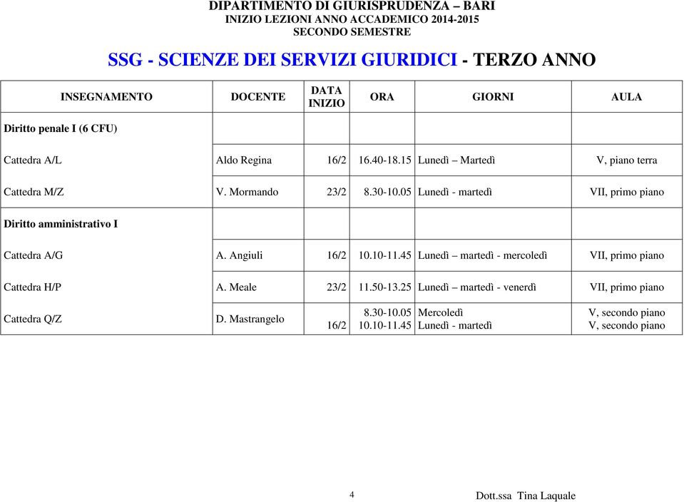 Mormando 23/2 Lunedì - martedì VII, primo piano Diritto amministrativo I Cattedra A/G A. Angiuli 16/2 10.10-11.