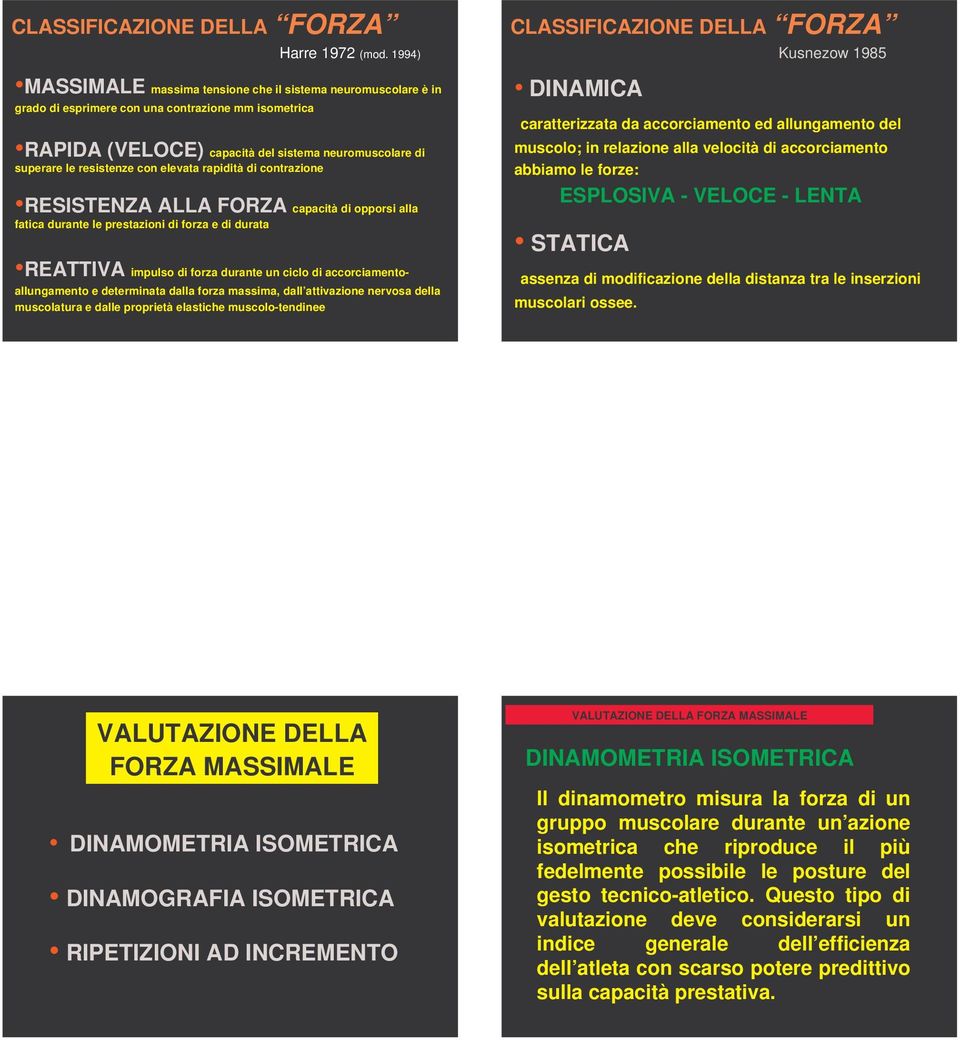 con elevata rapidità di contrazione RESISTENZA ALLA FORZA capacità di opporsi alla fatica durante le prestazioni di forza e di durata REATTIVA impulso di forza durante un ciclo di