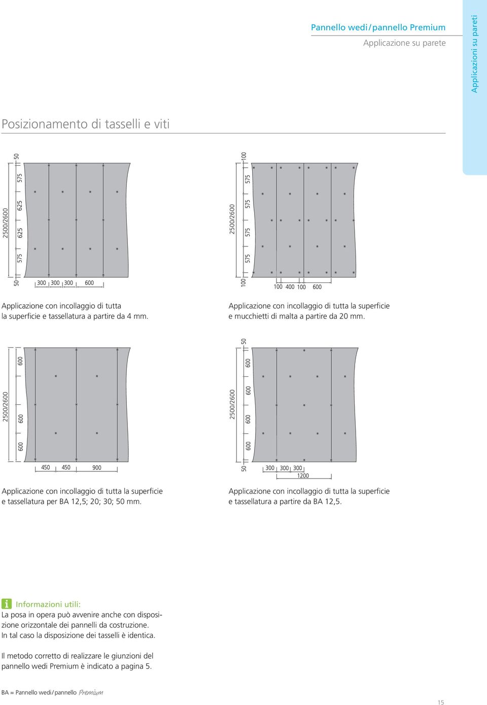 2500/2600 2500/2600 Applicazione con incollaggio di tutta la superficie e tassellatura per BA 12,5; 20; 30; 50 mm.