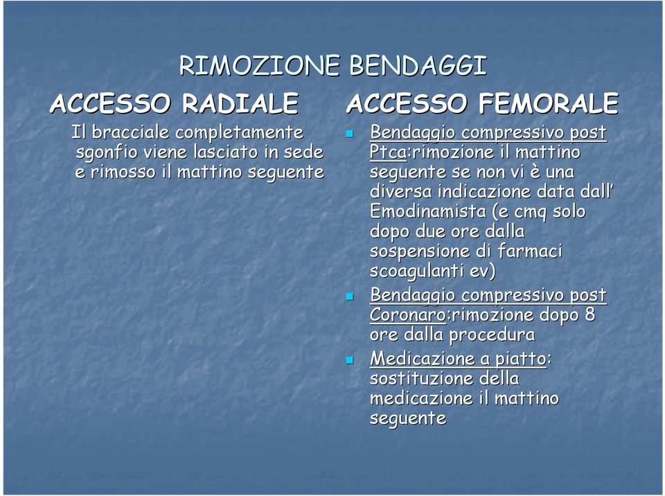 indicazione data dall Emodinamista (e cmq solo dopo due ore dalla sospensione di farmaci scoagulanti ev) Bendaggio