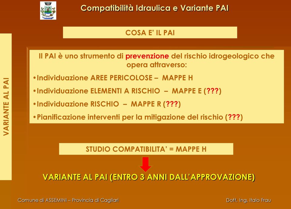 Individuazione ELEMENTI A RISCHIO MAPPE E (???) Individuazione RISCHIO MAPPE R (?