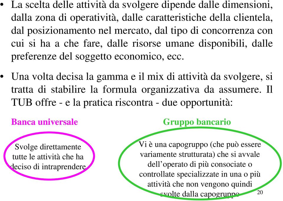 Una volta decisa la gamma e il mix di attività da svolgere, si tratta di stabilire la formula organizzativa da assumere.