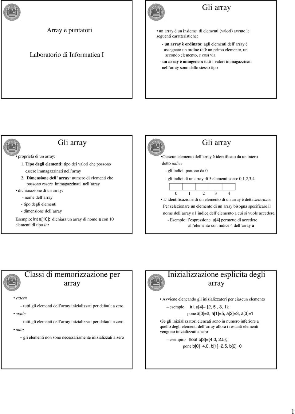 elementi: tipo dei valori che possono essere immagazzinati nell array 2 Dimensione dell array: numero di elementi che possono essere immagazzinati nell array dichiarazione di un array: - nome dell