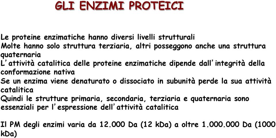 viene denaturato o dissociato in subunità perde la sua attività catalitica Quindi le strutture primaria, secondaria, terziaria e