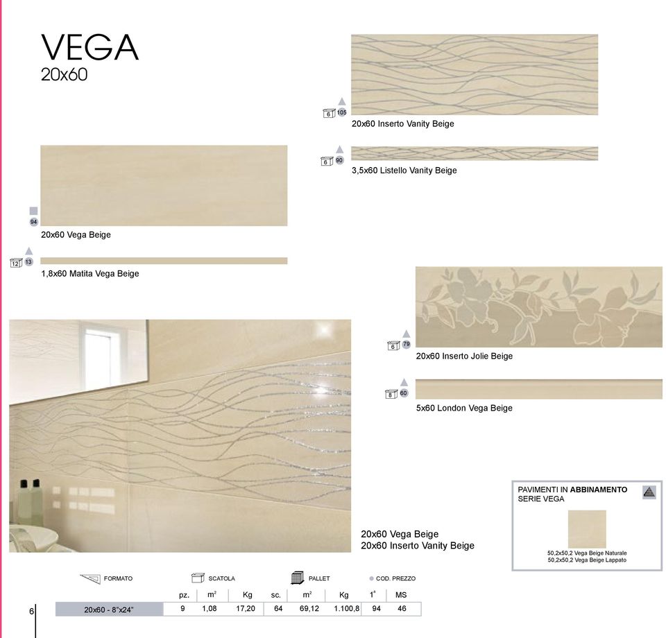 SERIE VEGA 20x60 Vega Beige 20x60 Inserto Vanity Beige 50,2x50,2 Vega Beige Naturale 50,2x50,2 Vega Beige