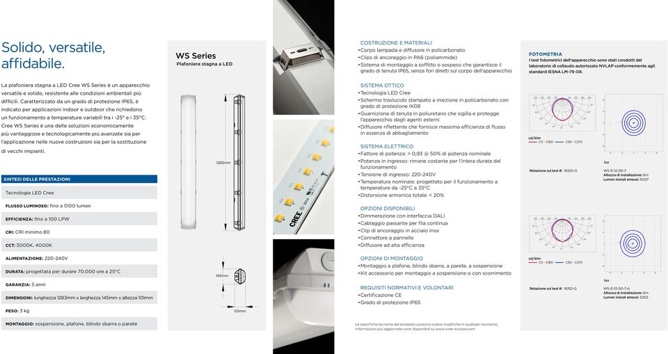 il grado di tenuta IP65, senza fori diretti sul corpo dell apparecchio FOTOMETRIA I test fotometrici dell apparecchio sono stati condotti dal laboratorio di collaudo autorizzato NVLAP conformemente