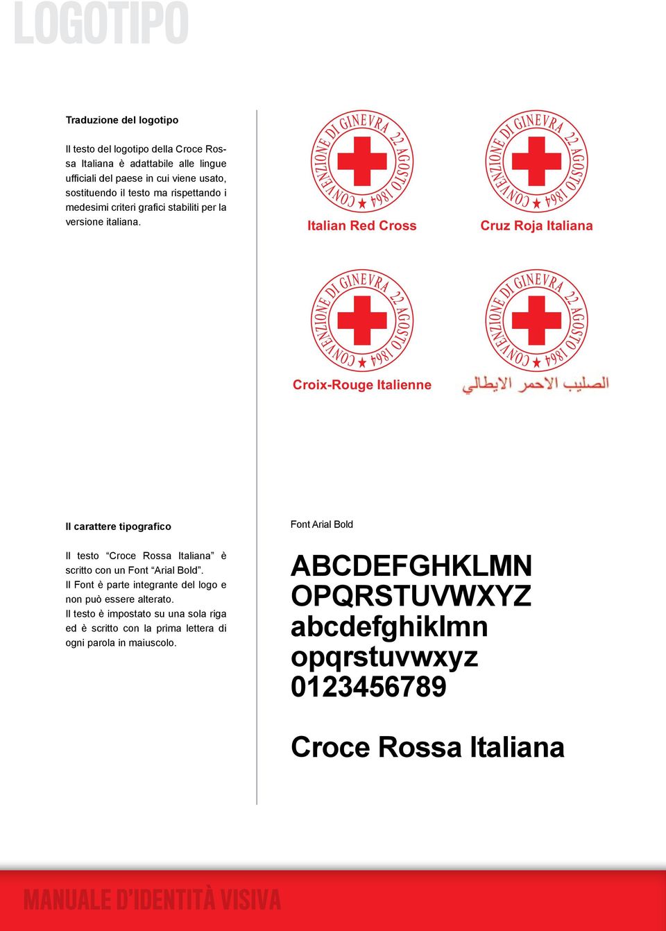 Italian Red Cross Cruz Roja Italiana Croi-Rouge Italienne Il carattere tipografico Font Arial Bold Il testo è scritto con un Font Arial Bold.