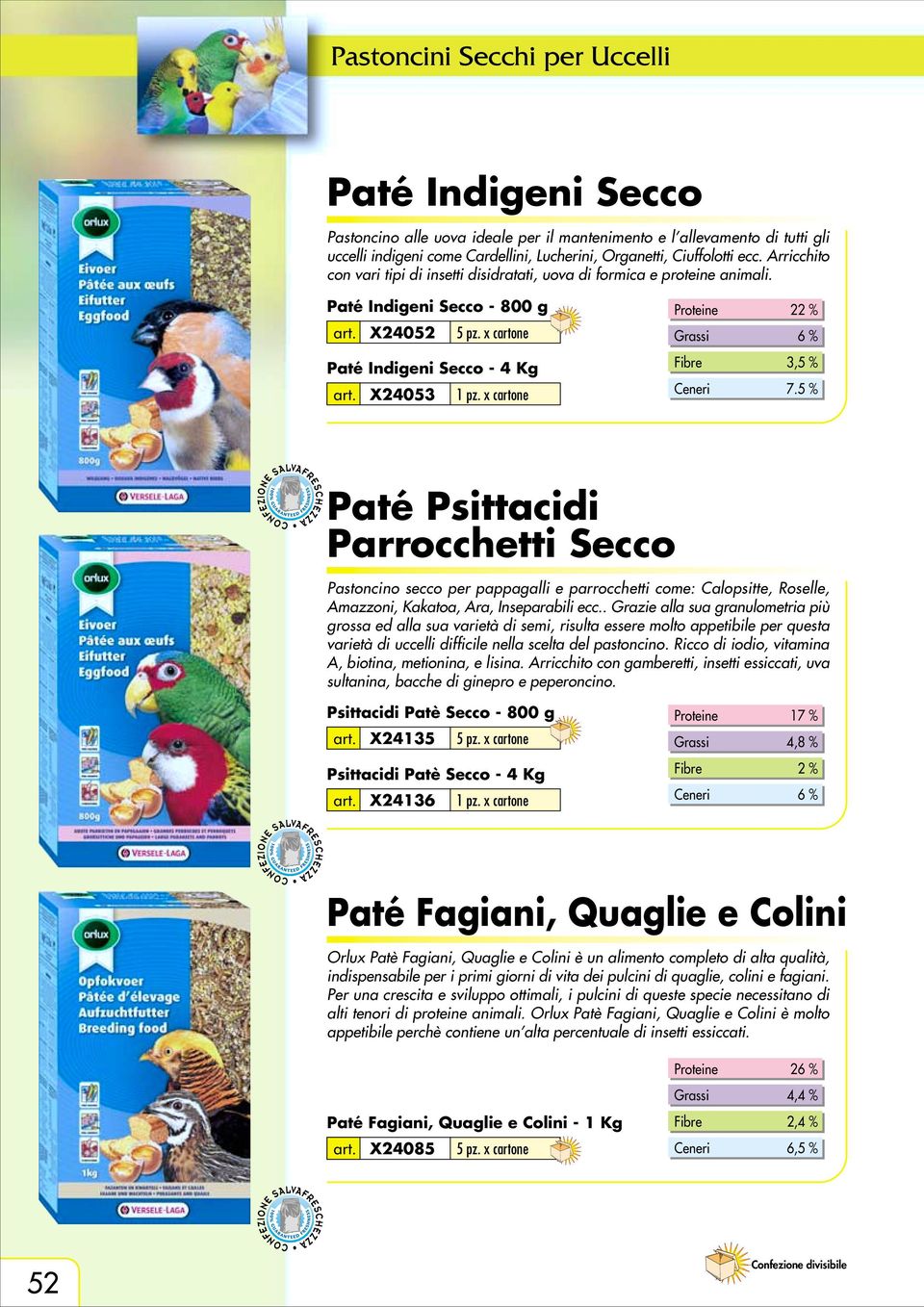 x cartone 22 % 6 % 3,5 % 7.5 % Paté Psittacidi Parrocchetti Secco Pastoncino secco per pappagalli e parrocchetti come: Calopsitte, Roselle, Amazzoni, Kakatoa, Ara, Inseparabili ecc.