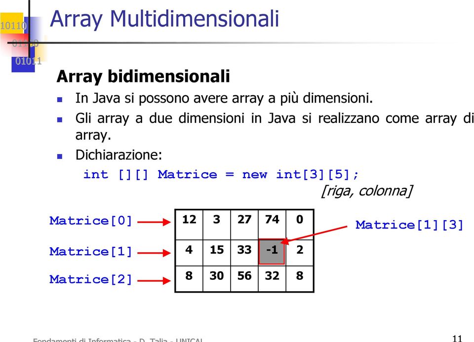 Gli array a due dimensioni in Java si realizzano come array di array.