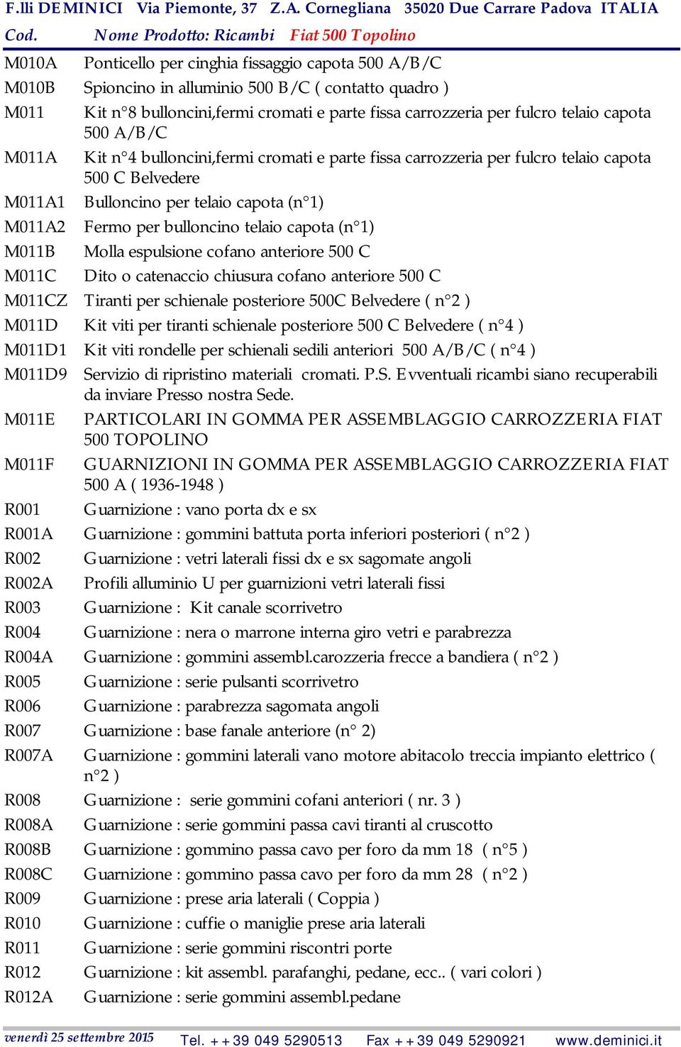 capota (n 1) M011B Molla espulsione cofano anteriore 500 C M011C Dito o catenaccio chiusura cofano anteriore 500 C M011CZ Tiranti per schienale posteriore 500C Belvedere ( n 2 ) M011D Kit viti per