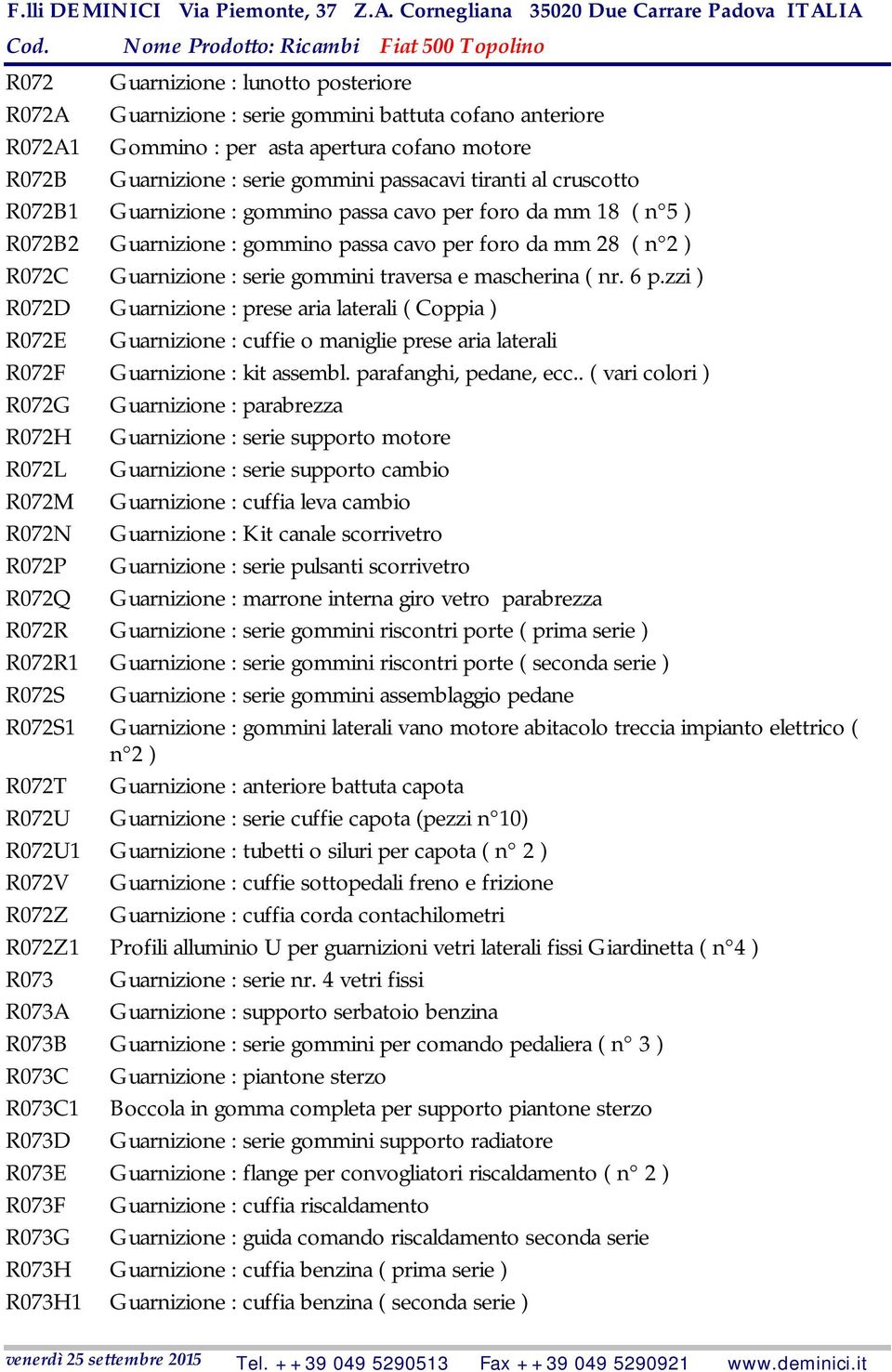 mascherina ( nr. 6 p.zzi ) R072D Guarnizione : prese aria laterali ( Coppia ) R072E Guarnizione : cuffie o maniglie prese aria laterali R072F Guarnizione : kit assembl. parafanghi, pedane, ecc.