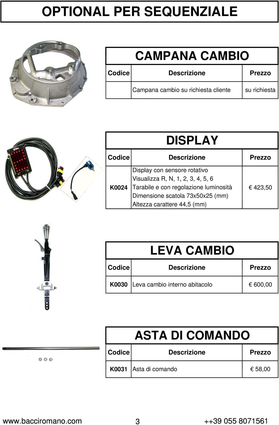 luminosità 423,50 Dimensione scatola 73x50x25 (mm) Altezza carattere 44,5 (mm) LEVA CAMBIO Prezzo K0030 Leva