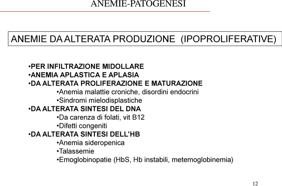 Sindromi mielodisplastiche DA ALTERATA SINTESI DEL DNA Da carenza di folati, vit B12 Difetti congeniti DA