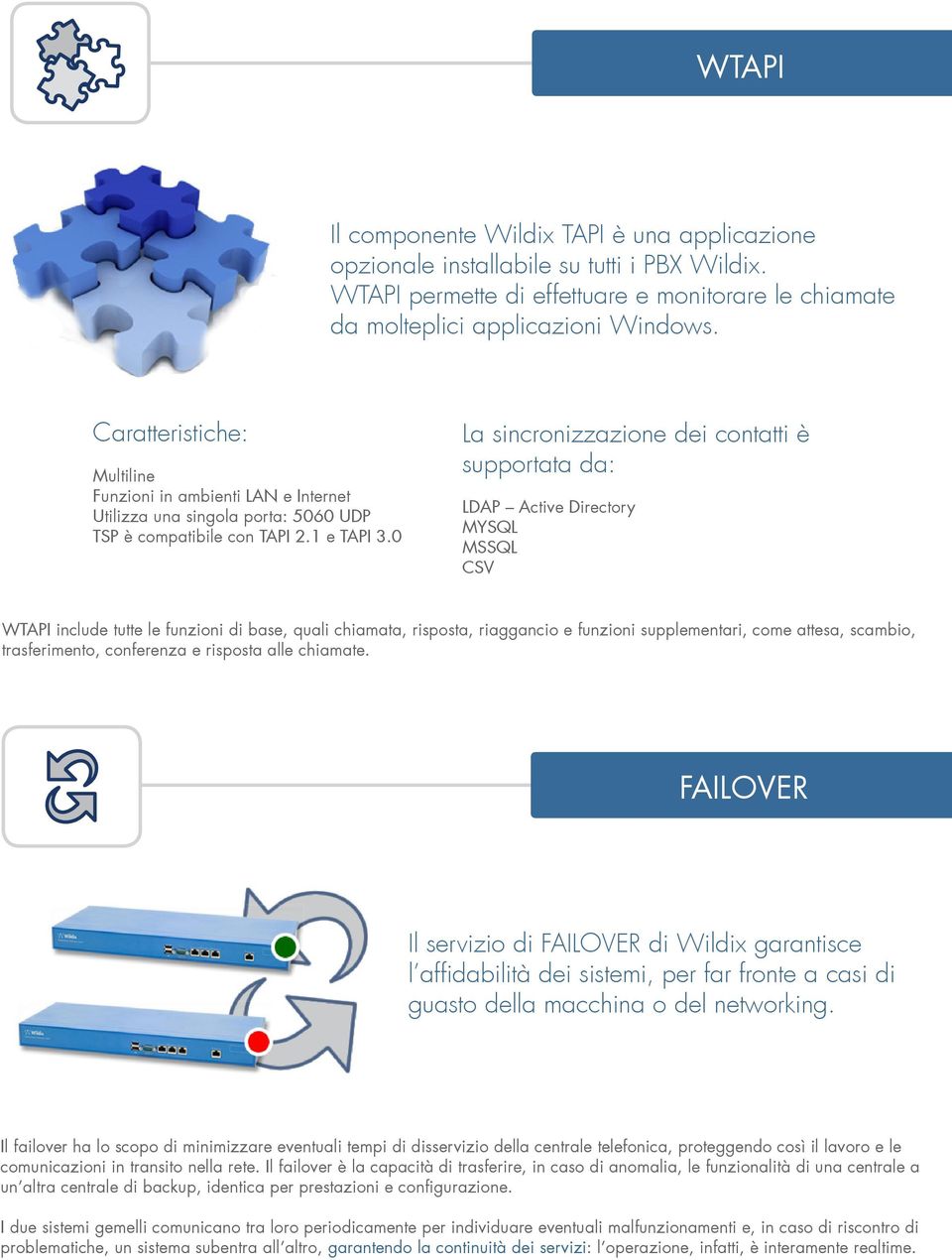 0 La sincronizzazione dei contatti è supportata da: LDAP Active Directory MYSQL MSSQL CSV WTAPI include tutte le funzioni di base, quali chiamata, risposta, riaggancio e funzioni supplementari, come