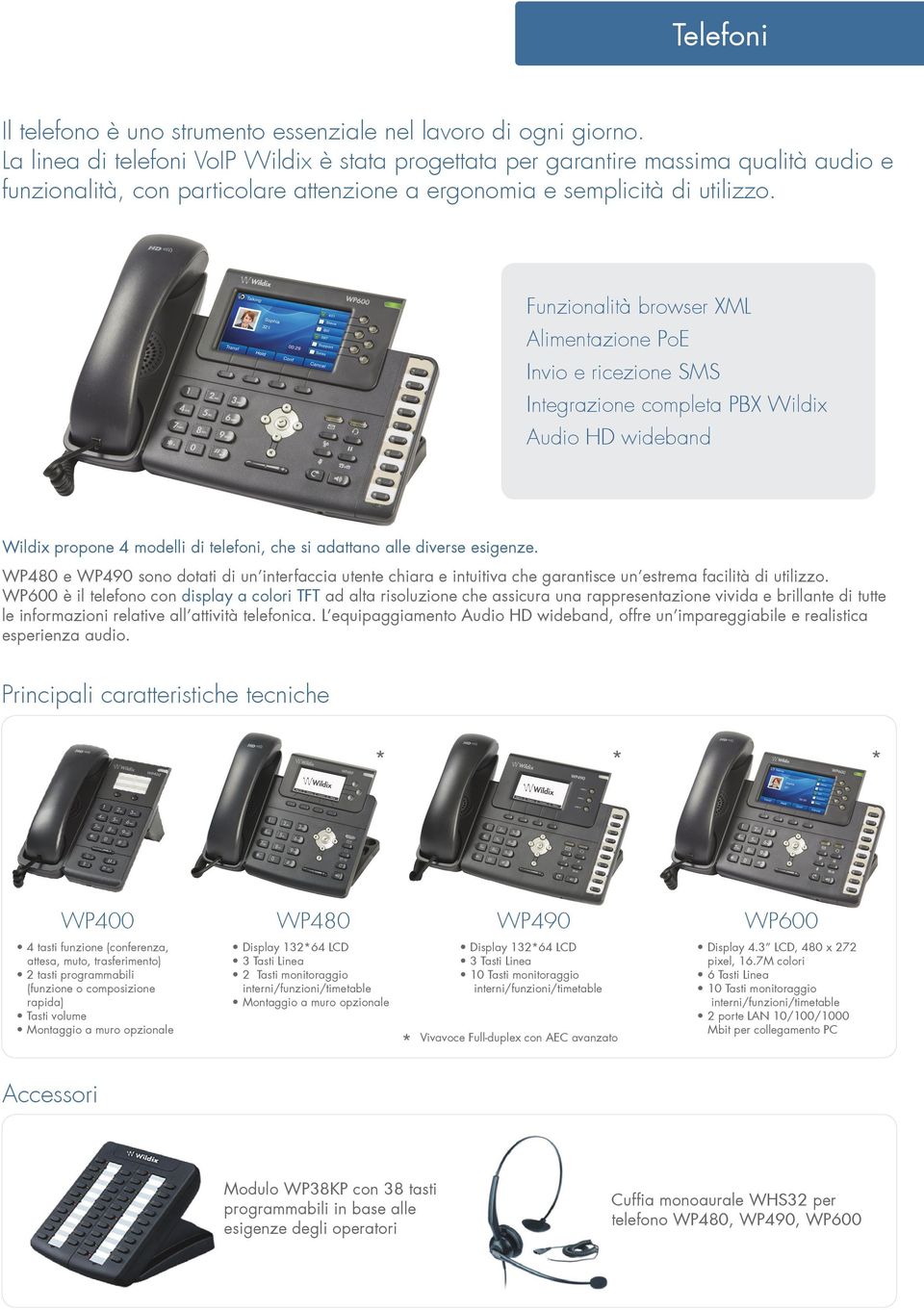 Funzionalità browser XML Alimentazione PoE Invio e ricezione SMS Integrazione completa PBX Wildix Audio HD wideband Wildix propone 4 modelli di telefoni, che si adattano alle diverse esigenze.