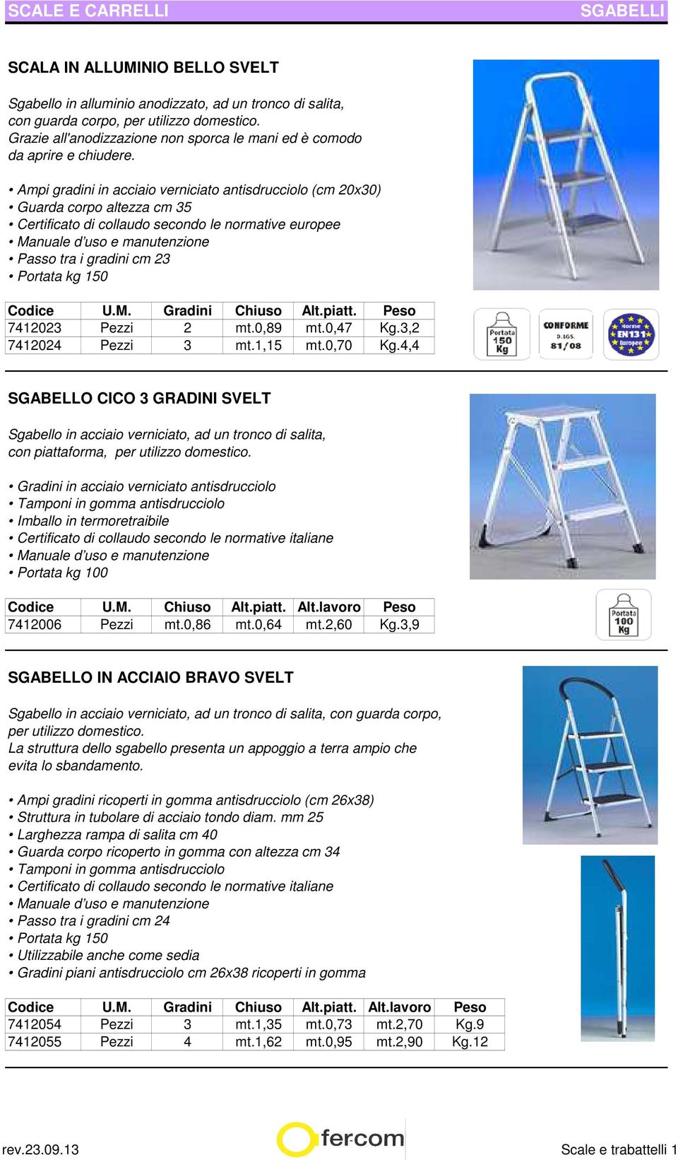 Ampi gradini in acciaio verniciato antisdrucciolo (cm 20x30) Guarda corpo altezza cm 35 Certificato di collaudo secondo le normative europee Passo tra i gradini cm 23 Codice U.M. Gradini Chiuso Alt.