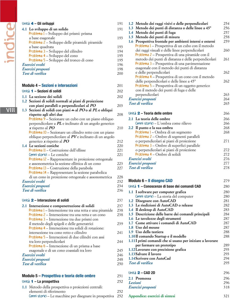 Problema 4 Sviluppo del cono 195 Problema 5 Sviluppo del tronco di cono 195 Esercizi svolti 196 Esercizi proposti 198 Test di verifica 200 Modulo 4 Sezioni e intersezioni 201 Unità 1 Sezioni di