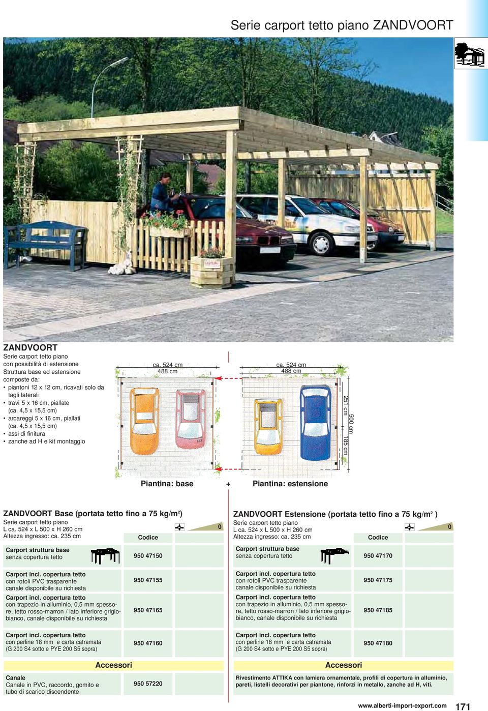 524 cm 488 cm 5 cm 185 cm Piantina: base + Piantina: estensione ZANDVOORT Base (portata tetto fino a 75 kg/m 2 ) Serie carport tetto piano L ca.