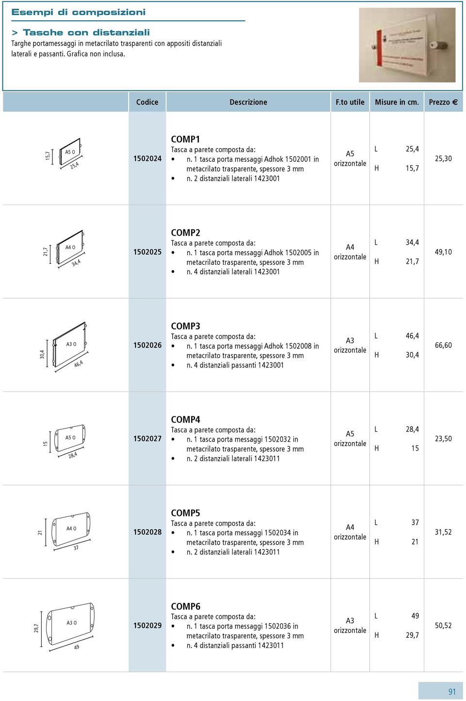 4 distanziali laterali 1423001 L 34,4 H 21,7 49,10 O 46,4 02026 comp3 n. 1 tasca porta messaggi Adhok 02008 in n. 4 distanziali passanti 1423001 L 46,4 H 66,60 O 28,4 02027 comp4 n.