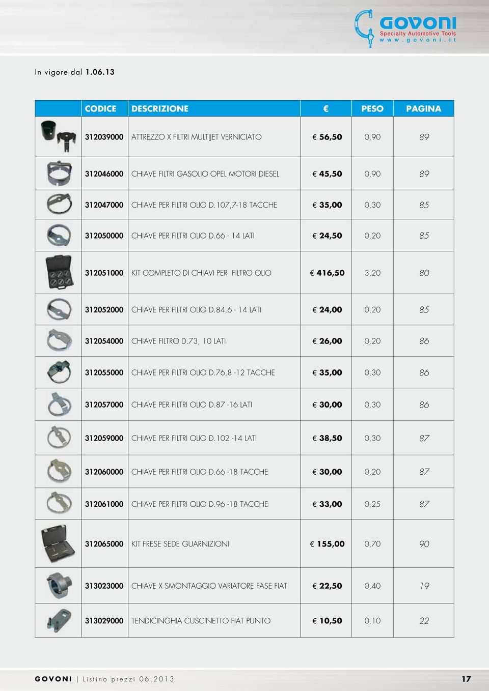 84,6-14 LATI 24,00 0,20 85 312054000 CHIAVE FILTRO D.73, 10 LATI 26,00 0,20 86 312055000 CHIAVE PER FILTRI OLIO D.76,8-12 TACCHE 35,00 0,30 86 312057000 CHIAVE PER FILTRI OLIO D.