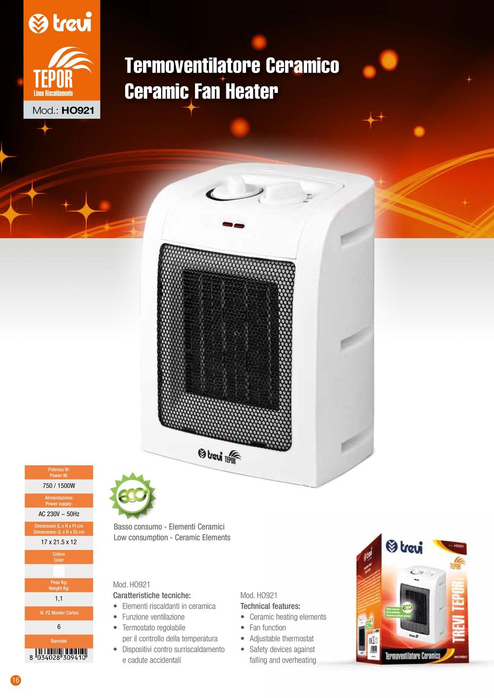 HO921 Elementi riscaldanti in ceramica Funzione ventilazione Termostato regolabile per il controllo della