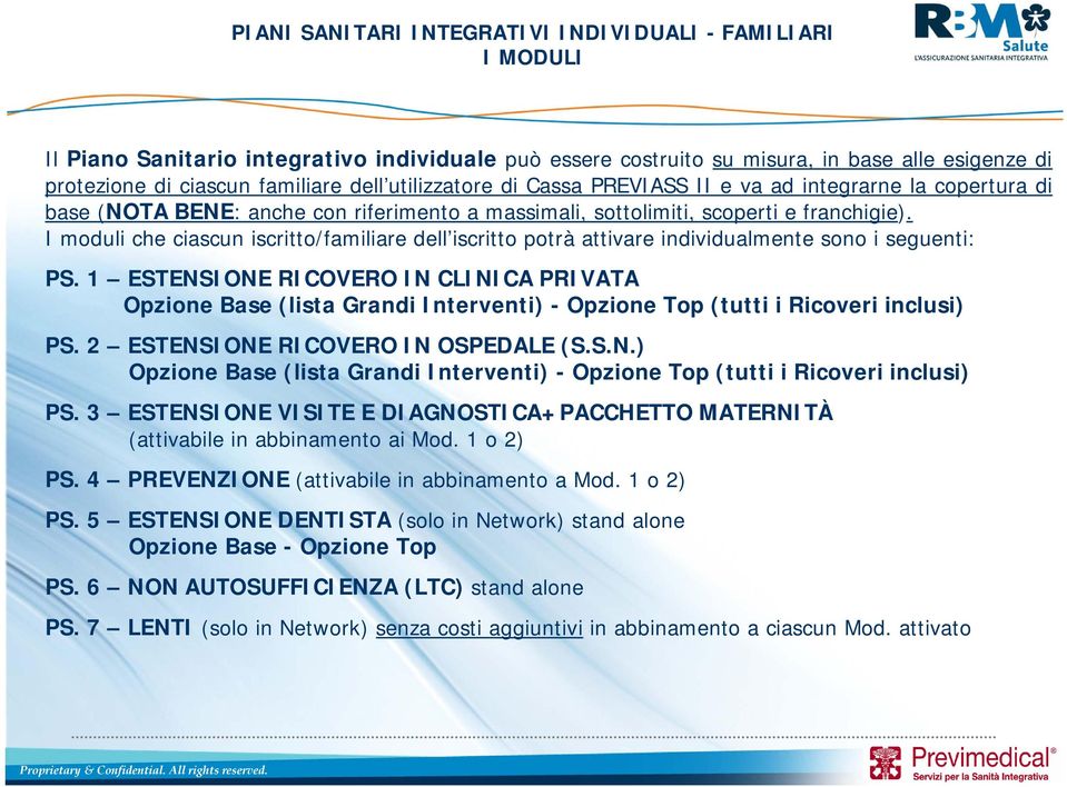 I moduli che ciascun iscritto/familiare dell iscritto potrà attivare individualmente sono i seguenti: PS.