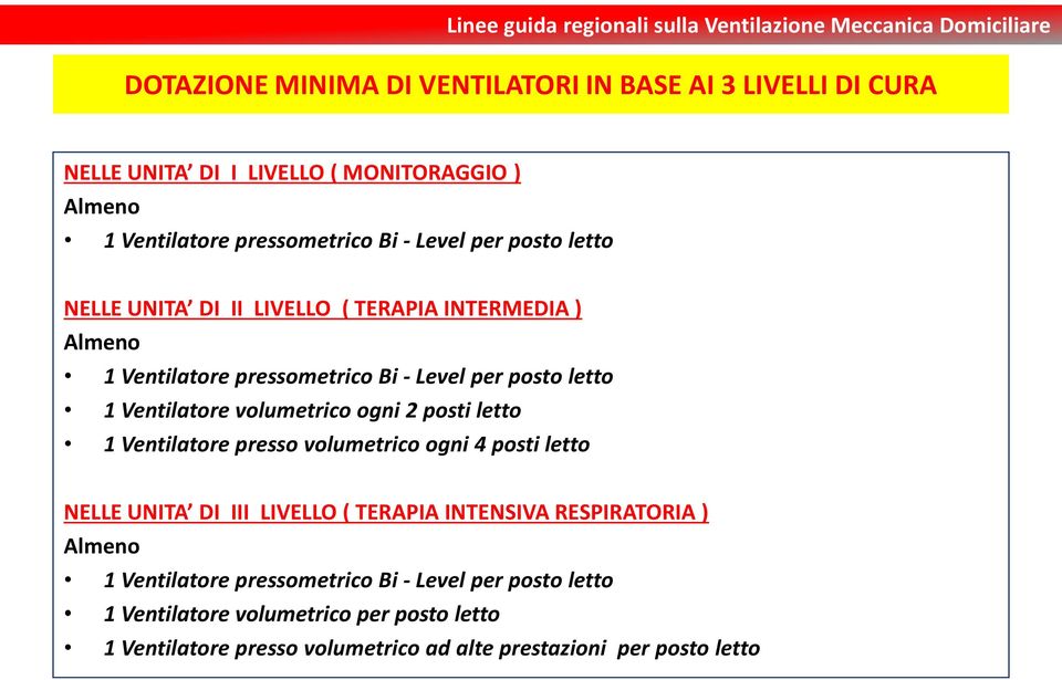 volumetrico ogni 2 posti letto 1 Ventilatore presso volumetrico ogni 4 posti letto NELLE UNITA DI III LIVELLO ( TERAPIA INTENSIVA RESPIRATORIA ) Almeno