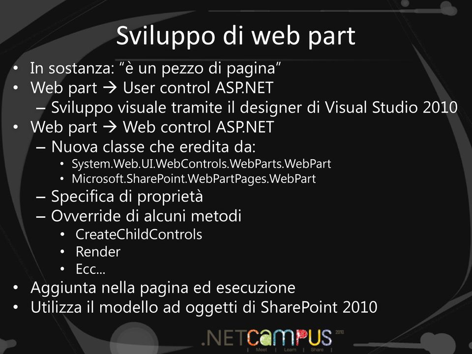 NET Nuova classe che eredita da: System.Web.UI.WebControls.WebParts.WebPart Microsoft.SharePoint.WebPartPages.