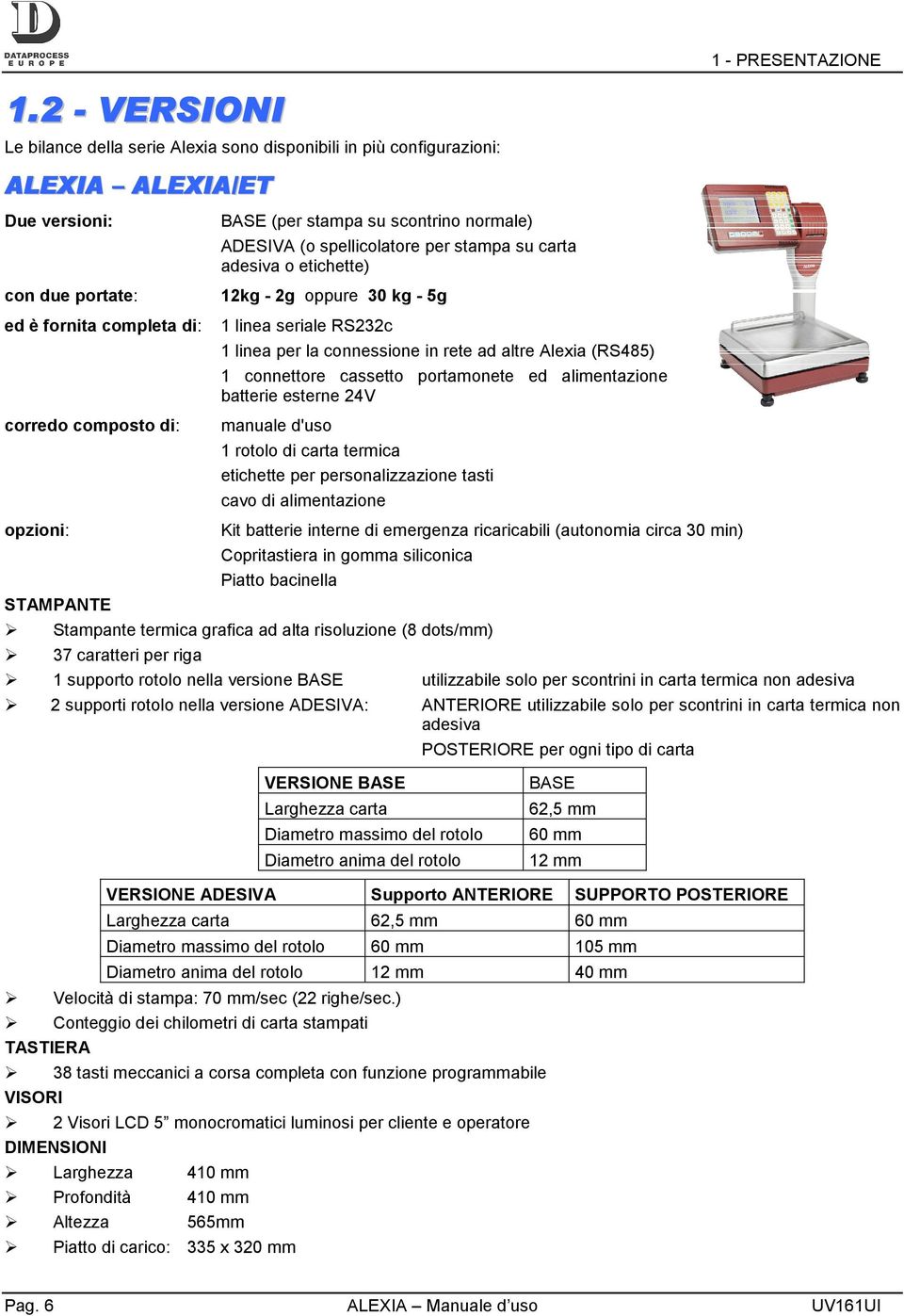 scontrino normale) ADESIVA (o spellicolatore per stampa su carta adesiva o etichette) 12kg - 2g oppure 30 kg - 5g 1 linea seriale RS232c 1 linea per la connessione in rete ad altre Alexia (RS485) 1