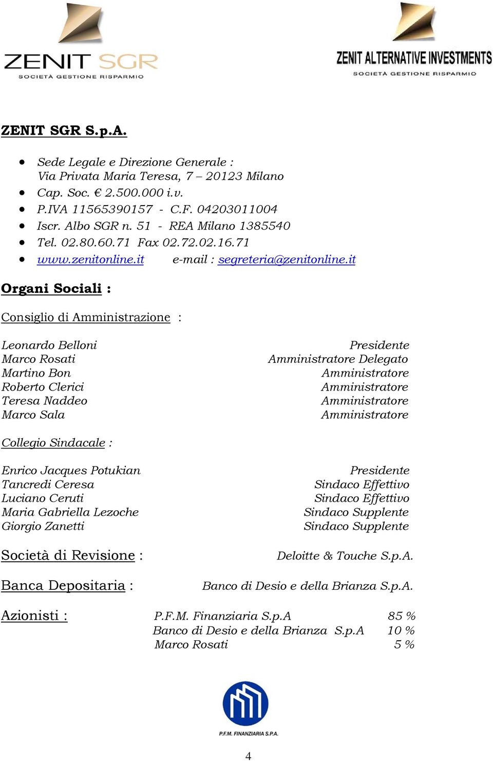 it Organi Sociali : Consiglio di Amministrazione : Leonardo Belloni Marco Rosati Martino Bon Roberto Clerici Teresa Naddeo Marco Sala Presidente Delegato Collegio Sindacale : Enrico Jacques Potukian