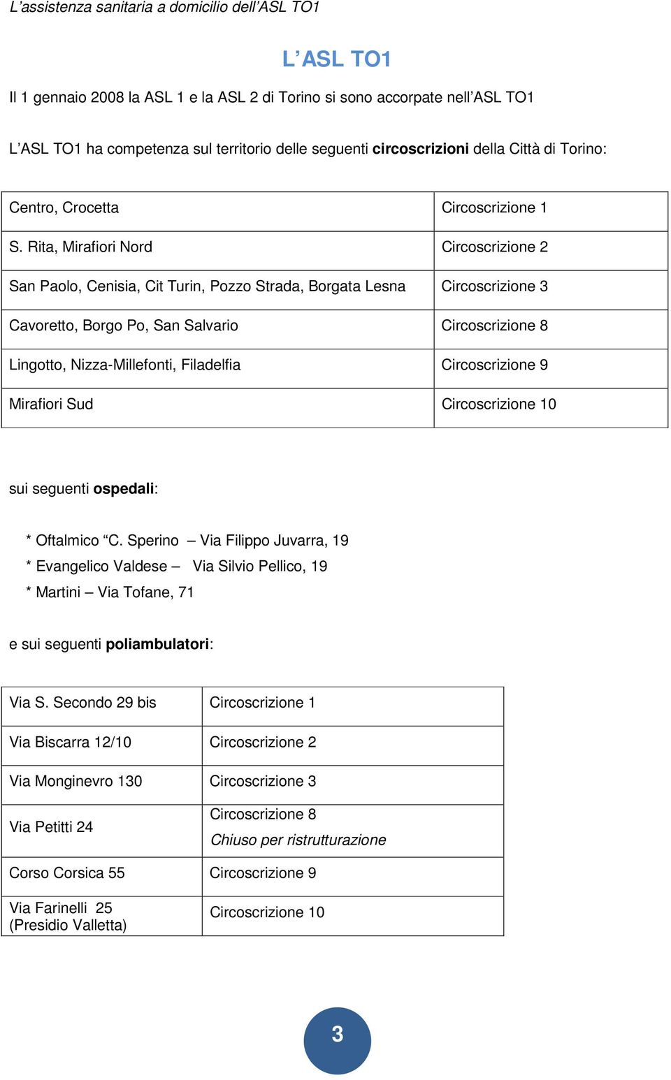 Rita, Mirafiori Nord Circoscrizione 2 San Paolo, Cenisia, Cit Turin, Pozzo Strada, Borgata Lesna Circoscrizione 3 Cavoretto, Borgo Po, San Salvario Circoscrizione 8 Lingotto, Nizza-Millefonti,