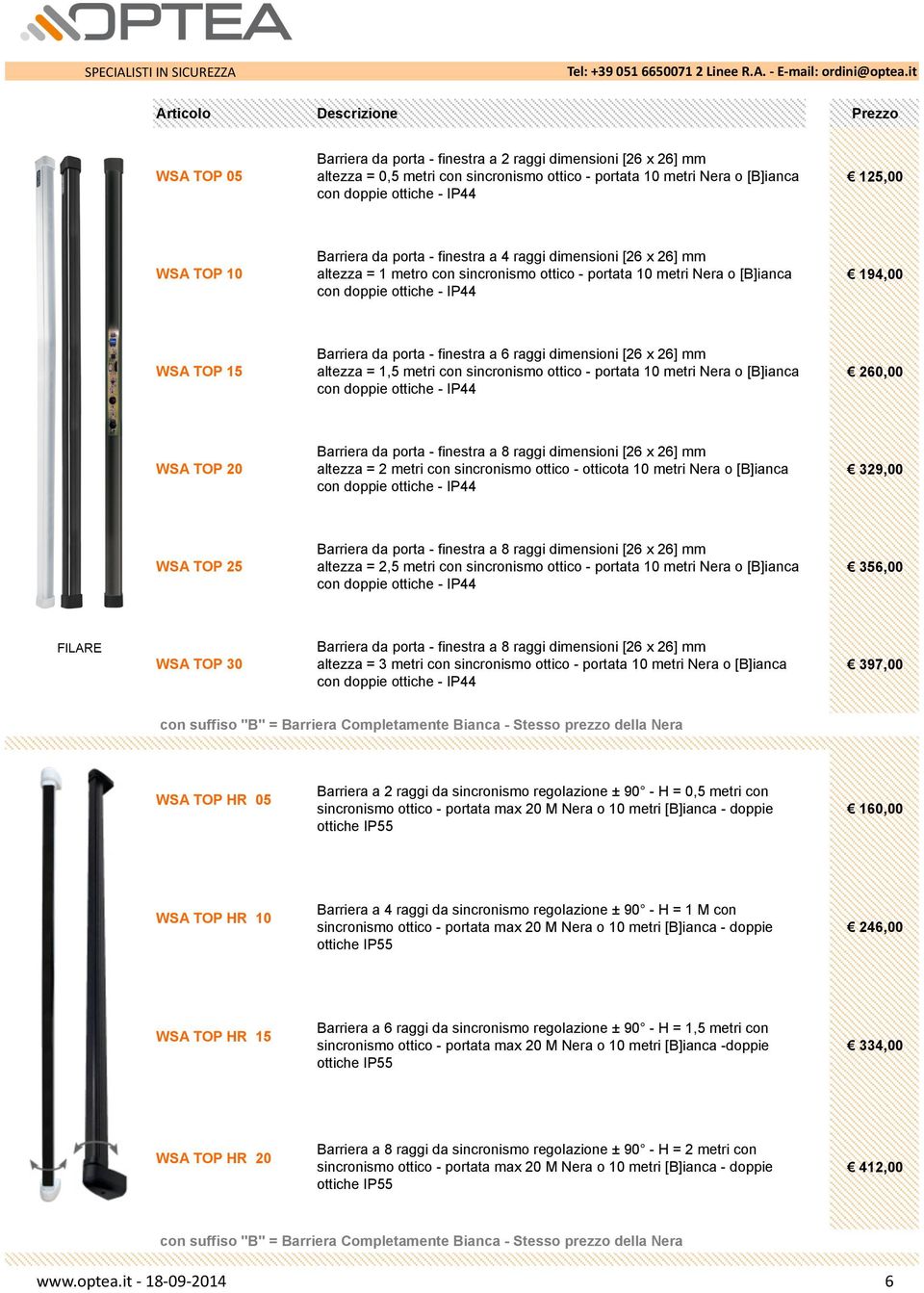 ottiche - IP44 125,00 WSA TOP 10 Barriera da porta - finestra a 4 raggi dimensioni [26 x 26] mm altezza = 1 metro con sincronismo ottico - portata 10 metri Nera o [B]ianca con doppie ottiche - IP44