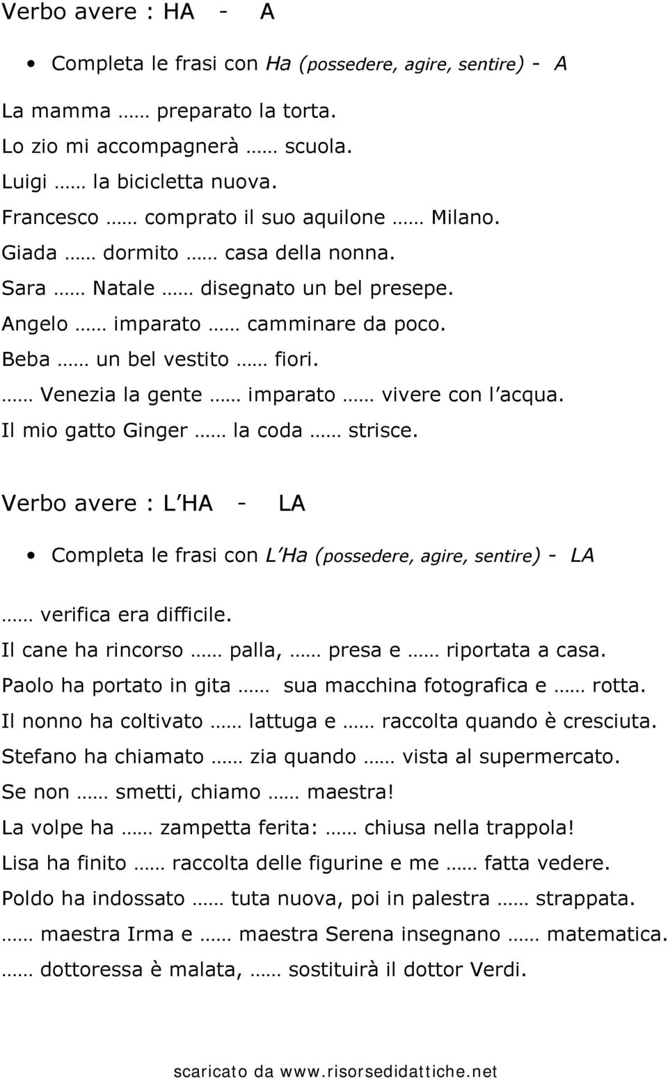 Venezia la gente imparato vivere con l acqua. Il mio gatto Ginger la coda strisce. Verbo avere : L HA - LA Completa le frasi con L Ha (possedere, agire, sentire) - LA verifica era difficile.