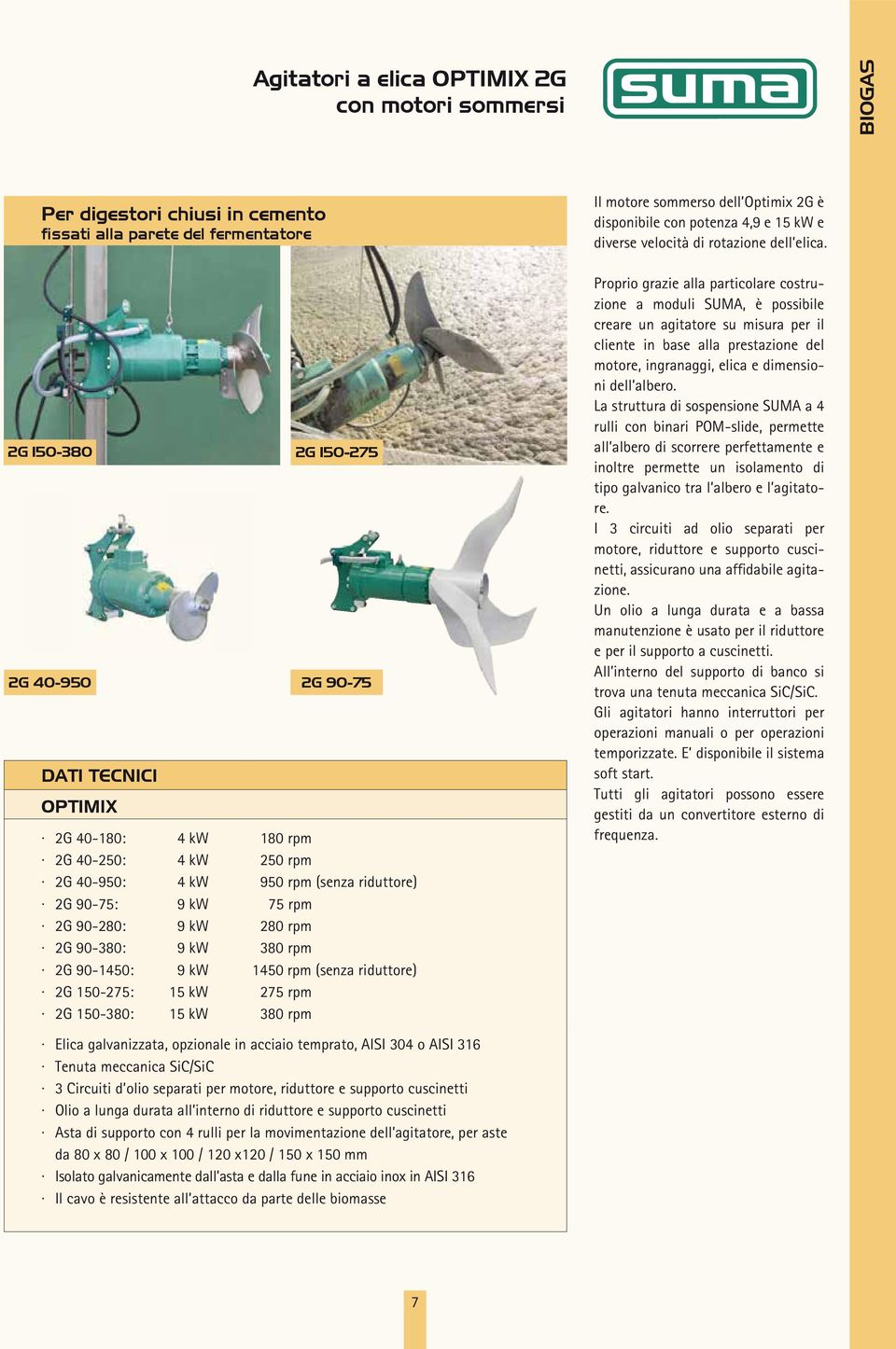 (senza riduttore) 275 rpm 380 rpm Il motore sommerso dell Optimix 2G è disponibile con potenza 4,9 e 15 kw e diverse velocità di rotazione dell elica.