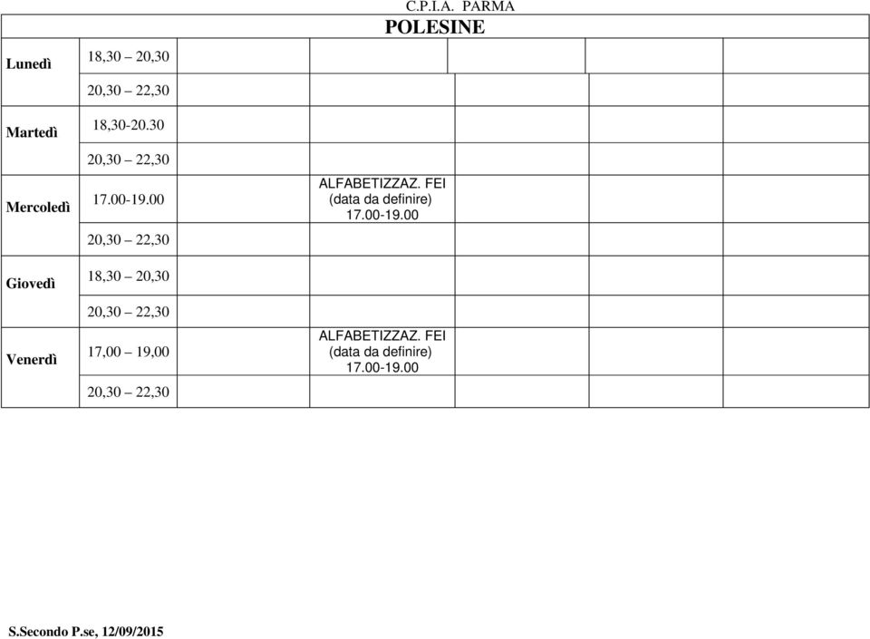 FEI (data da definire) 17.00-19.