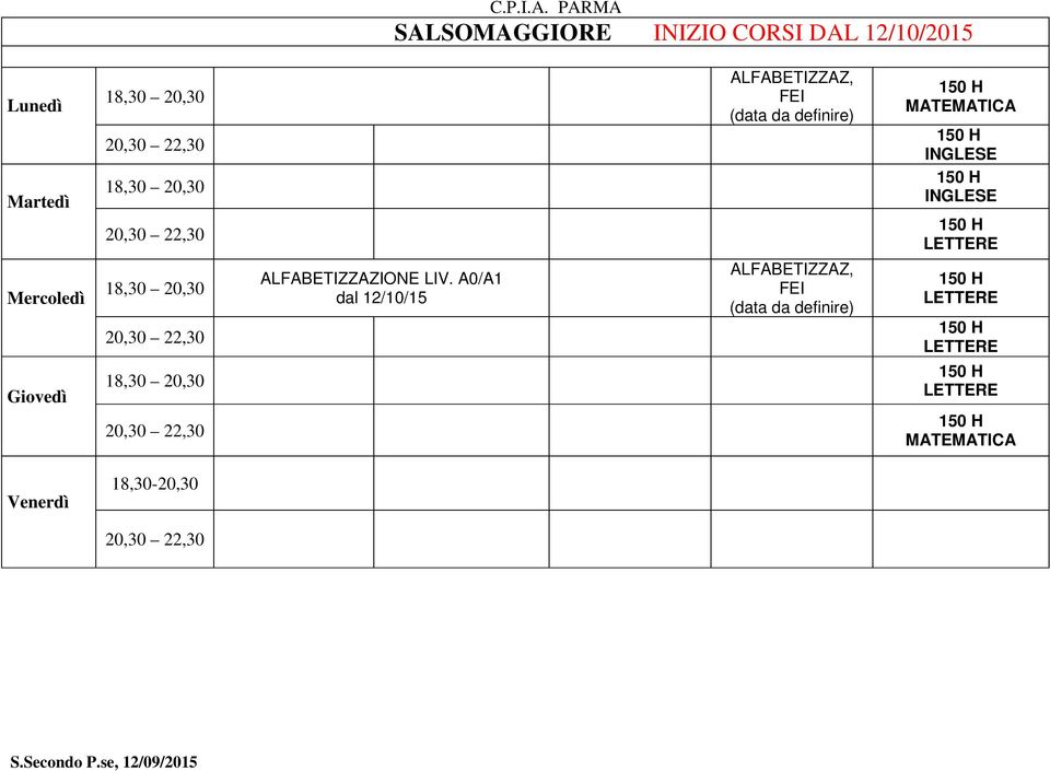 A0/A1 dal 12/10/15 ALFABETIZZAZ, FEI (data da