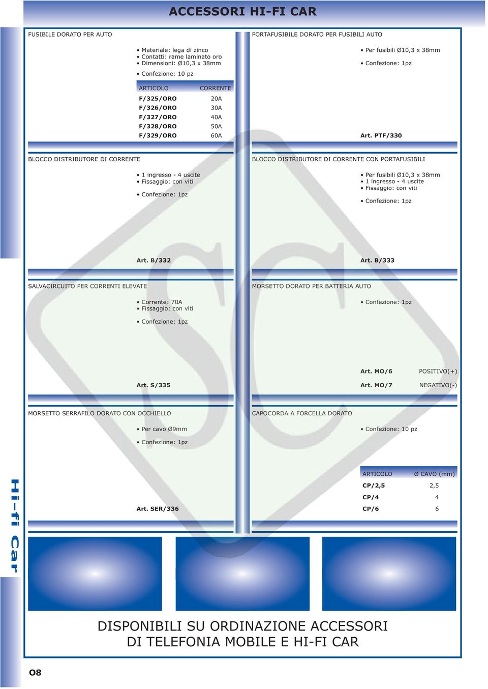 PTF/330 BLOCCO DISTRIBUTORE DI CORRENTE 1 ingresso - 4 uscite Fissaggio: con viti BLOCCO DISTRIBUTORE DI CORRENTE CON PORTAFUSIBILI Per fusibili Ø10,3 x 38mm 1 ingresso - 4 uscite Fissaggio: con viti