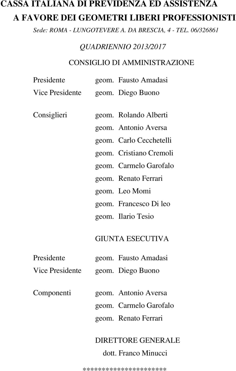 Antonio Aversa geom. Carlo Cecchetelli geom. Cristiano Cremoli geom. Carmelo Garofalo geom. Renato Ferrari geom. Leo Momi geom. Francesco Di leo geom.