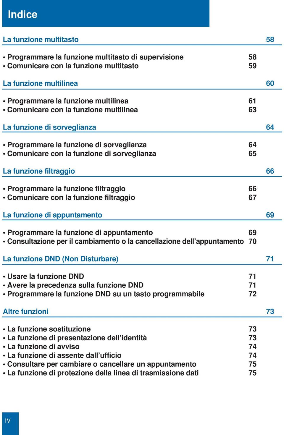 la funzione filtraggio 66 Comunicare con la funzione filtraggio 67 La funzione di appuntamento 69 Programmare la funzione di appuntamento 69 Consultazione per il cambiamento o la cancellazione dell