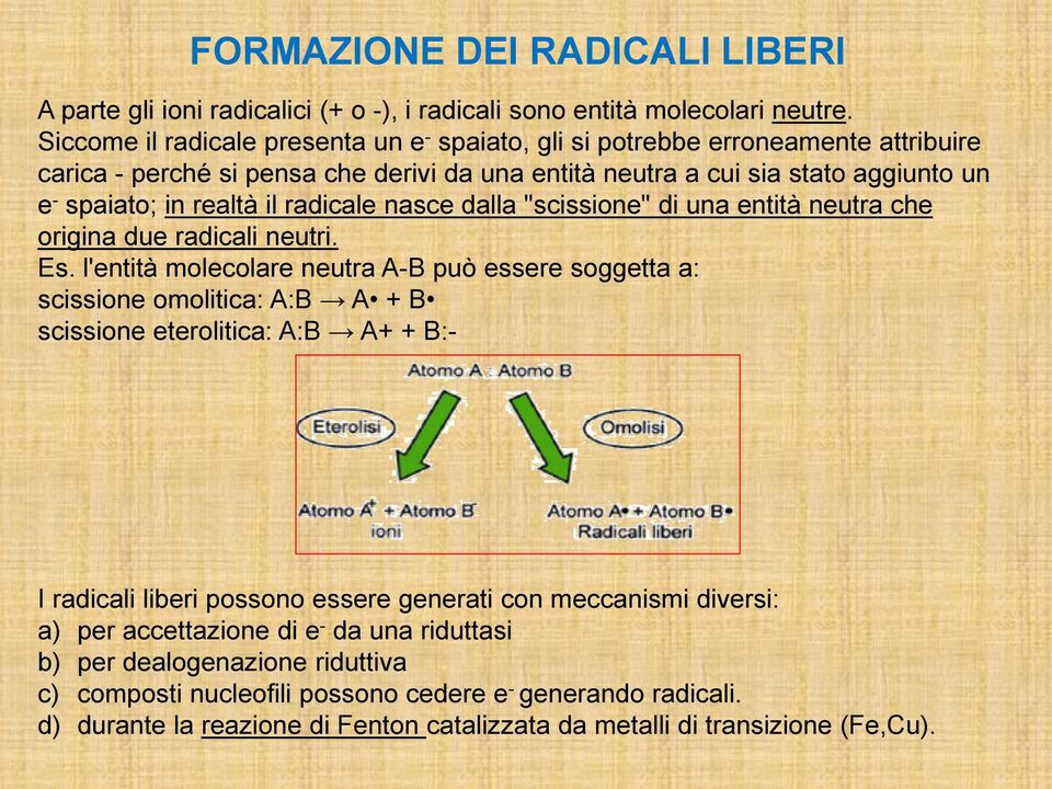 radicale nasce dalla "scissione" di una entità neutra che origina due radicali neutri. Es.