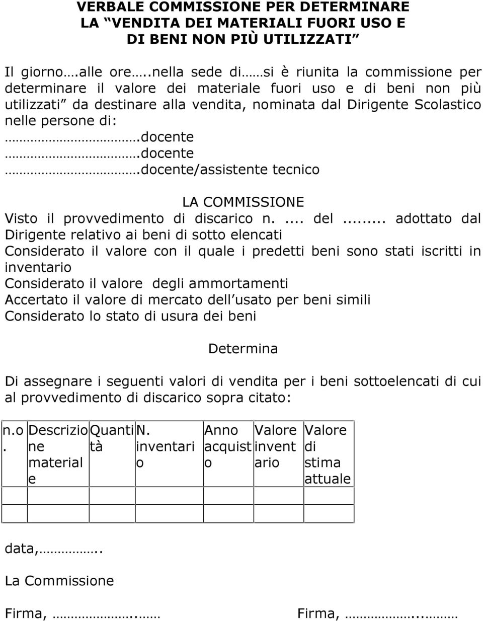 docente.docente.docente/assistente tecnico LA COMMISSIONE Visto il provvedimento di discarico n.... del.